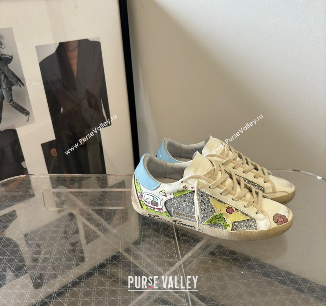 Golden Goose Super-Star Sneakers in Leather and Glitters with Dogs Print White/Light Blue 2024 (13-240530005)