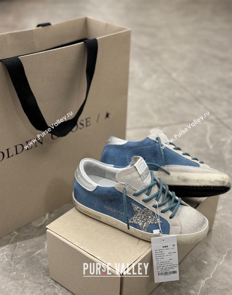 Golden Goose Super-Star Sneakers in Denim Blue and Grey Suede 2024 (13-240530021)