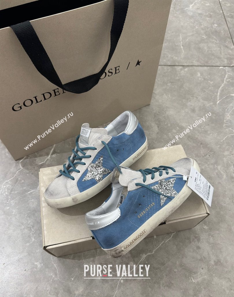 Golden Goose Super-Star Sneakers in Denim Blue and Grey Suede 2024 (13-240530021)