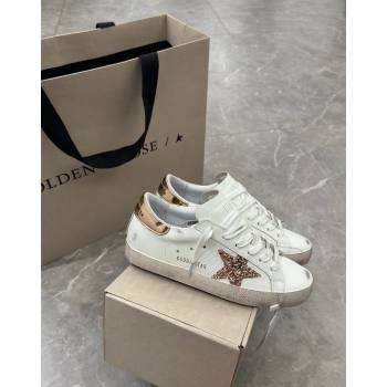 Golden Goose Super-Star Sneakers in White Leather with Gold Glitter Star and Tab 2024 (13-240530012)