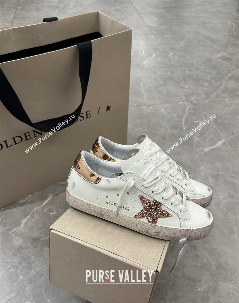 Golden Goose Super-Star Sneakers in White Leather with Gold Glitter Star and Tab 2024 (13-240530012)