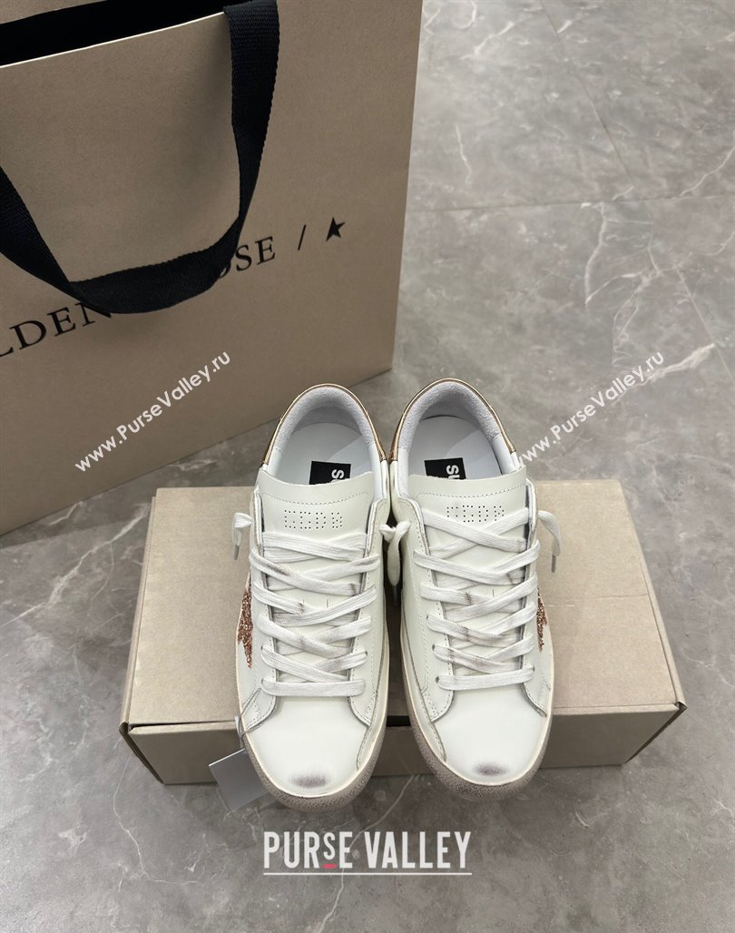 Golden Goose Super-Star Sneakers in White Leather with Gold Glitter Star and Tab 2024 (13-240530012)