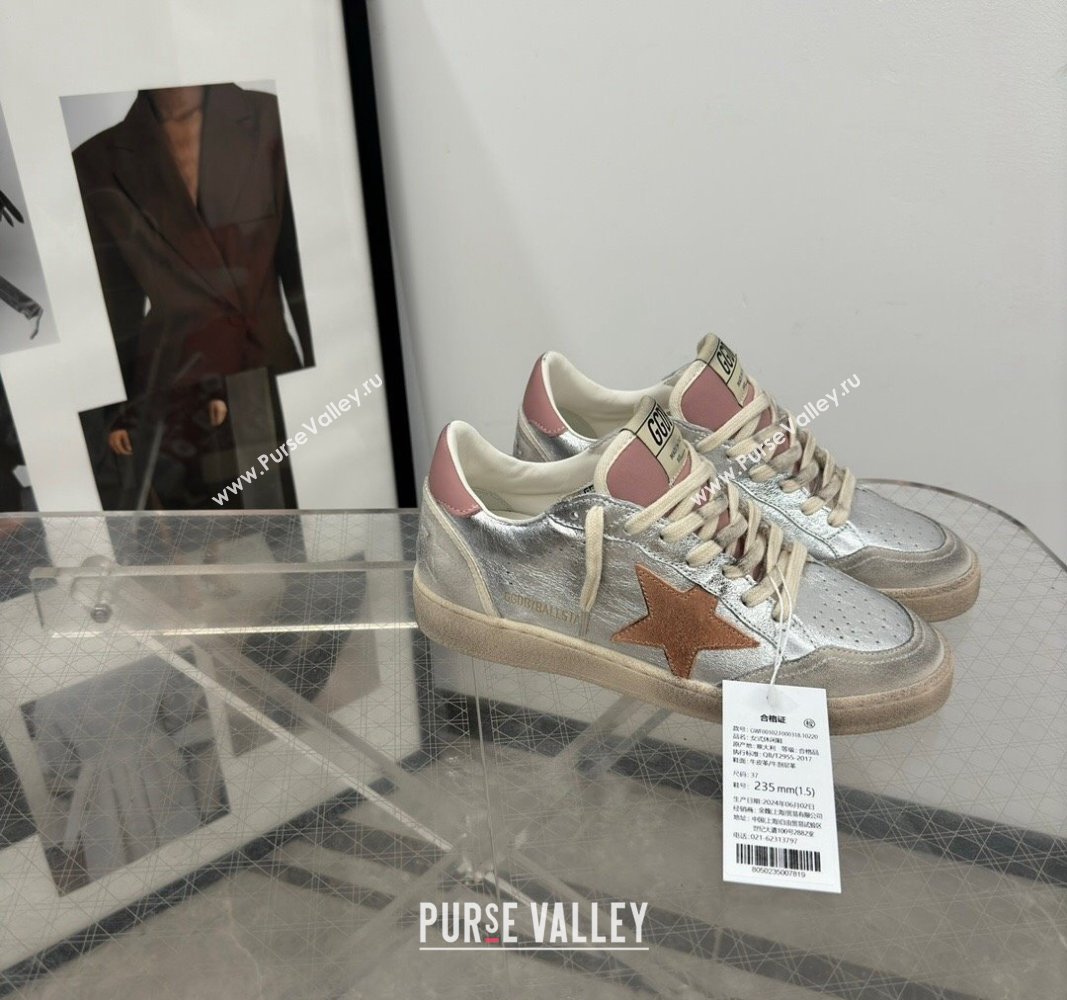 Golden Goose Ball Star Sneakers in Silver Leather with brown suede star 2024 (13-2407230103)