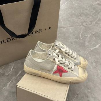 Golden Goose Womens V-Star sneakers in light gray canvas with a red leather star 2024 (13-2407230101)