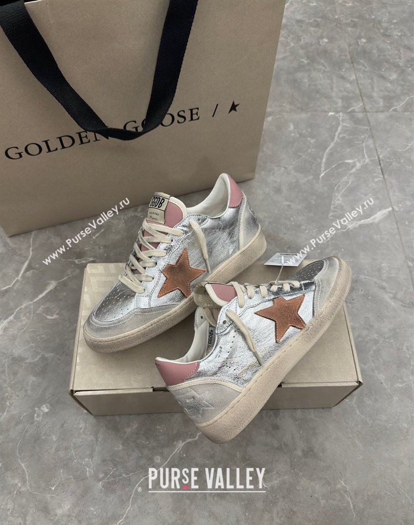 Golden Goose Ball Star Sneakers in Silver Leather with brown suede star 2024 (13-2407230103)