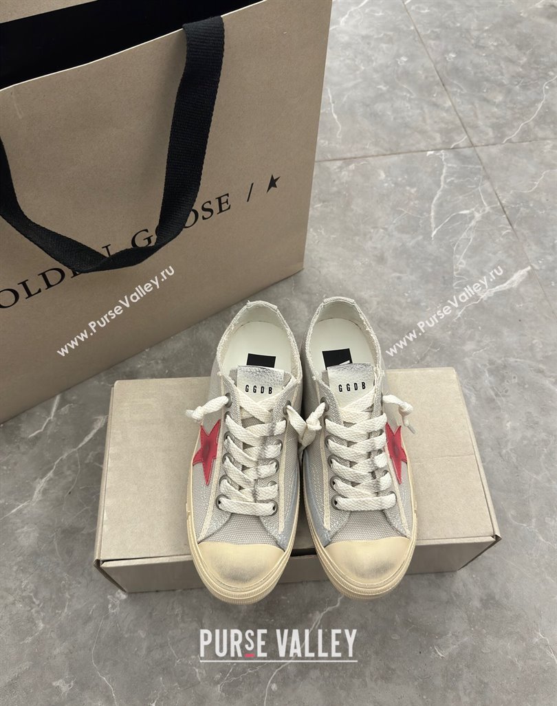 Golden Goose Womens V-Star sneakers in light gray canvas with a red leather star 2024 (13-2407230101)