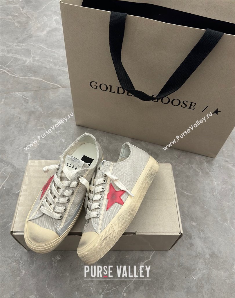 Golden Goose Womens V-Star sneakers in light gray canvas with a red leather star 2024 (13-2407230101)