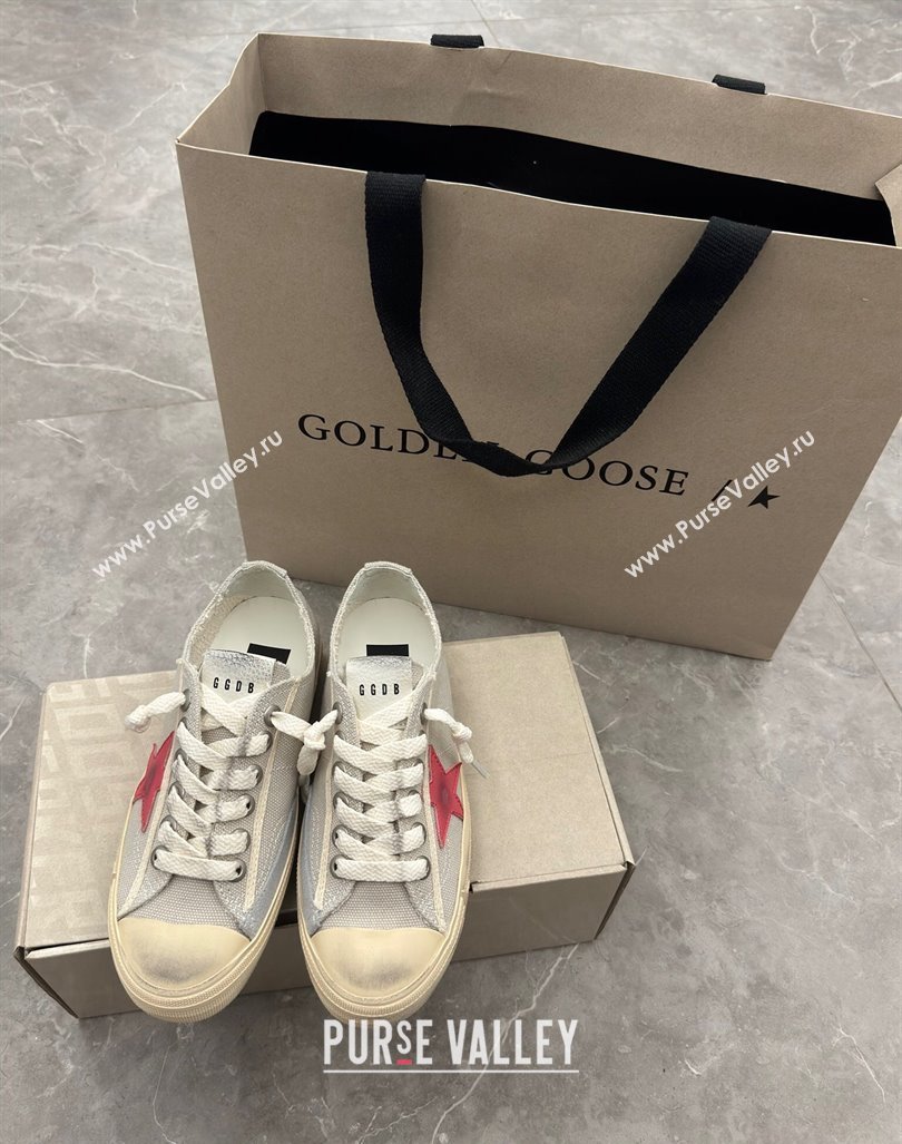 Golden Goose Womens V-Star sneakers in light gray canvas with a red leather star 2024 (13-2407230101)