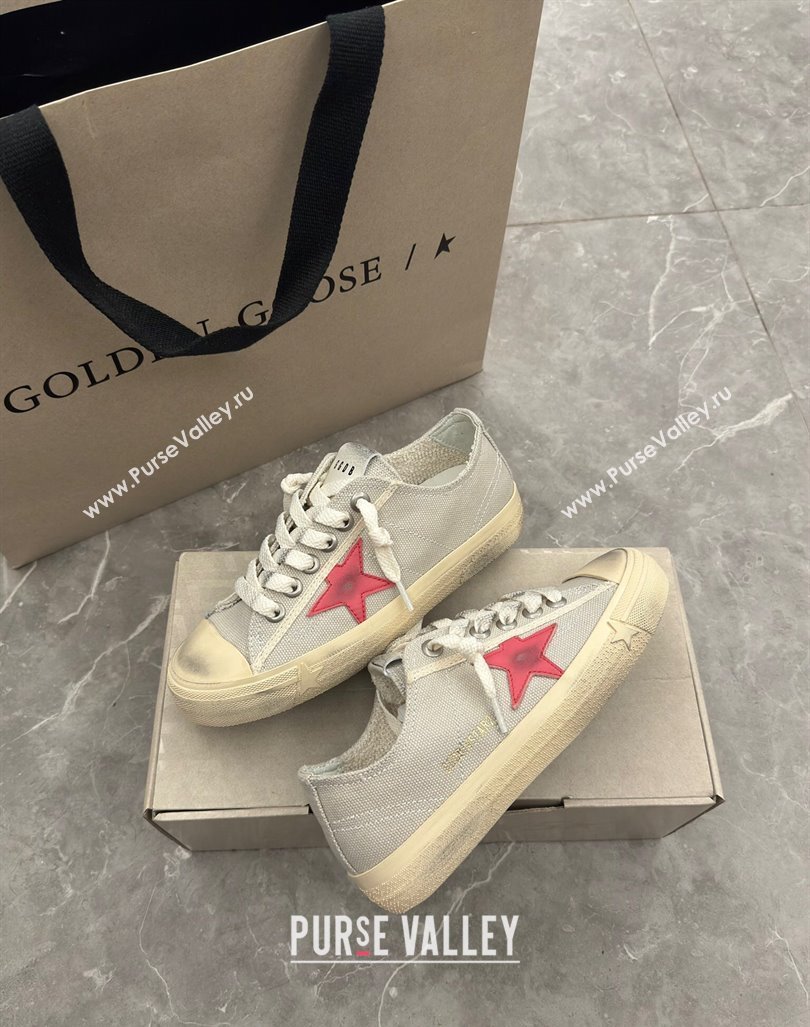 Golden Goose Womens V-Star sneakers in light gray canvas with a red leather star 2024 (13-2407230101)