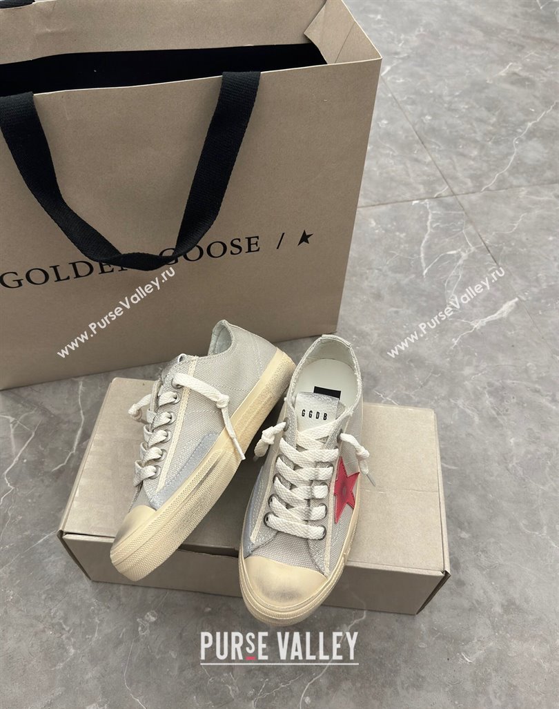 Golden Goose Womens V-Star sneakers in light gray canvas with a red leather star 2024 (13-2407230101)