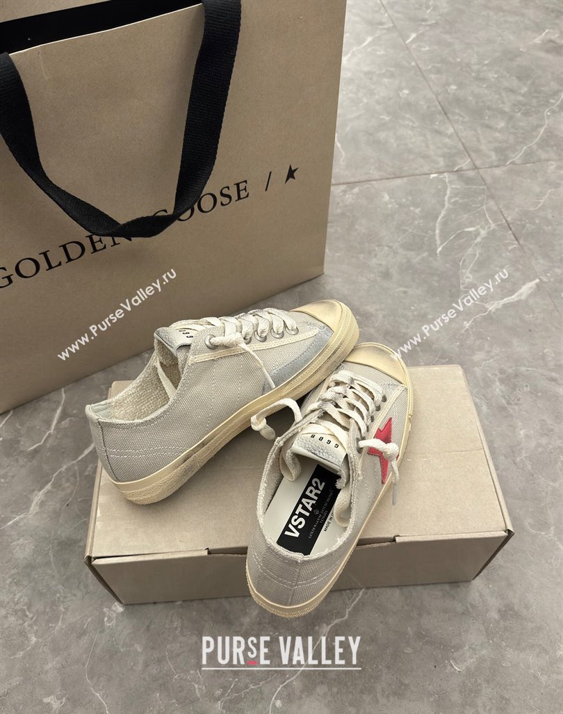 Golden Goose Womens V-Star sneakers in light gray canvas with a red leather star 2024 (13-2407230101)