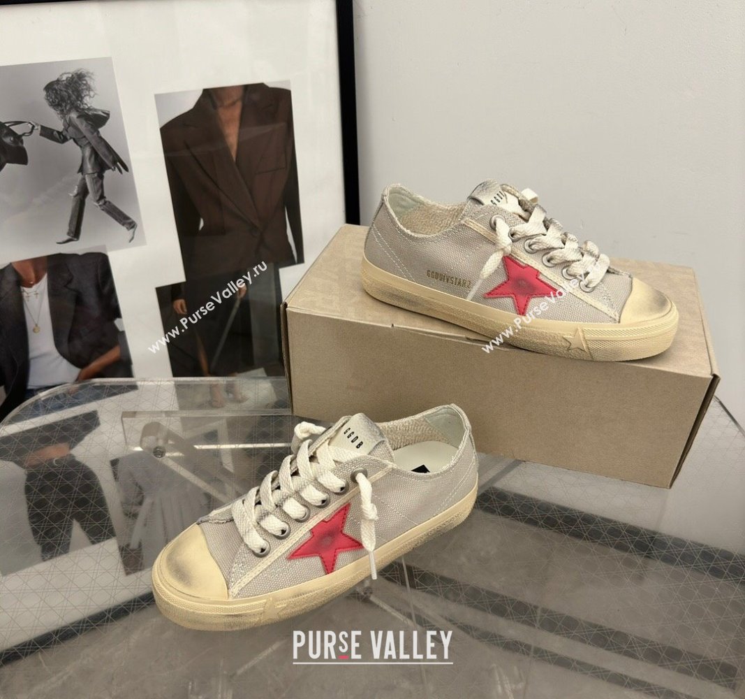 Golden Goose Womens V-Star sneakers in light gray canvas with a red leather star 2024 (13-2407230101)