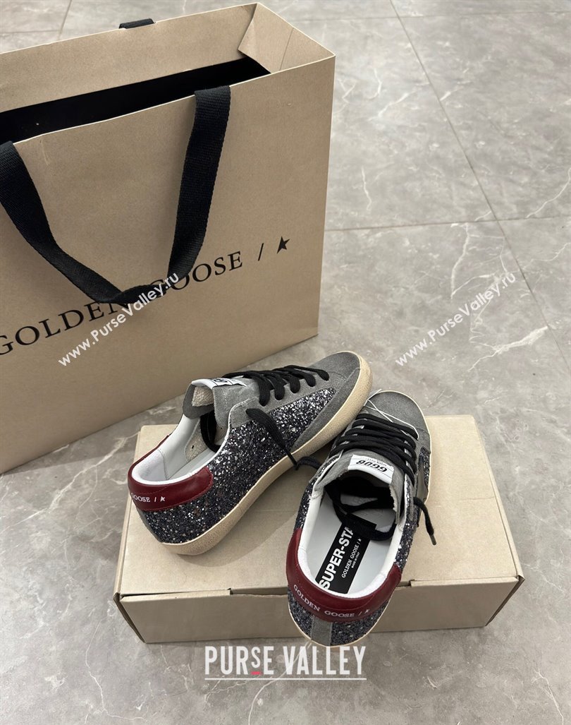 Golden Goose Super-Star Sneakers in silver glitter with black suede star and burgundy tab 2024 0905 (13-240905070)