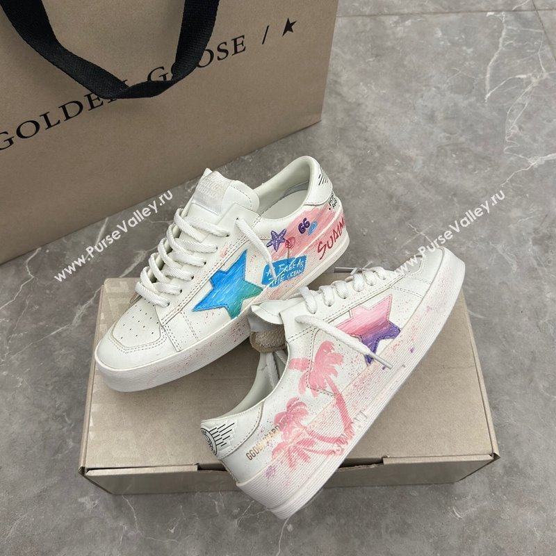 Golden Goose Stardan Sneaker in Pink Coconut Tree Printed White Leather Pink 2024 (13-240905065)