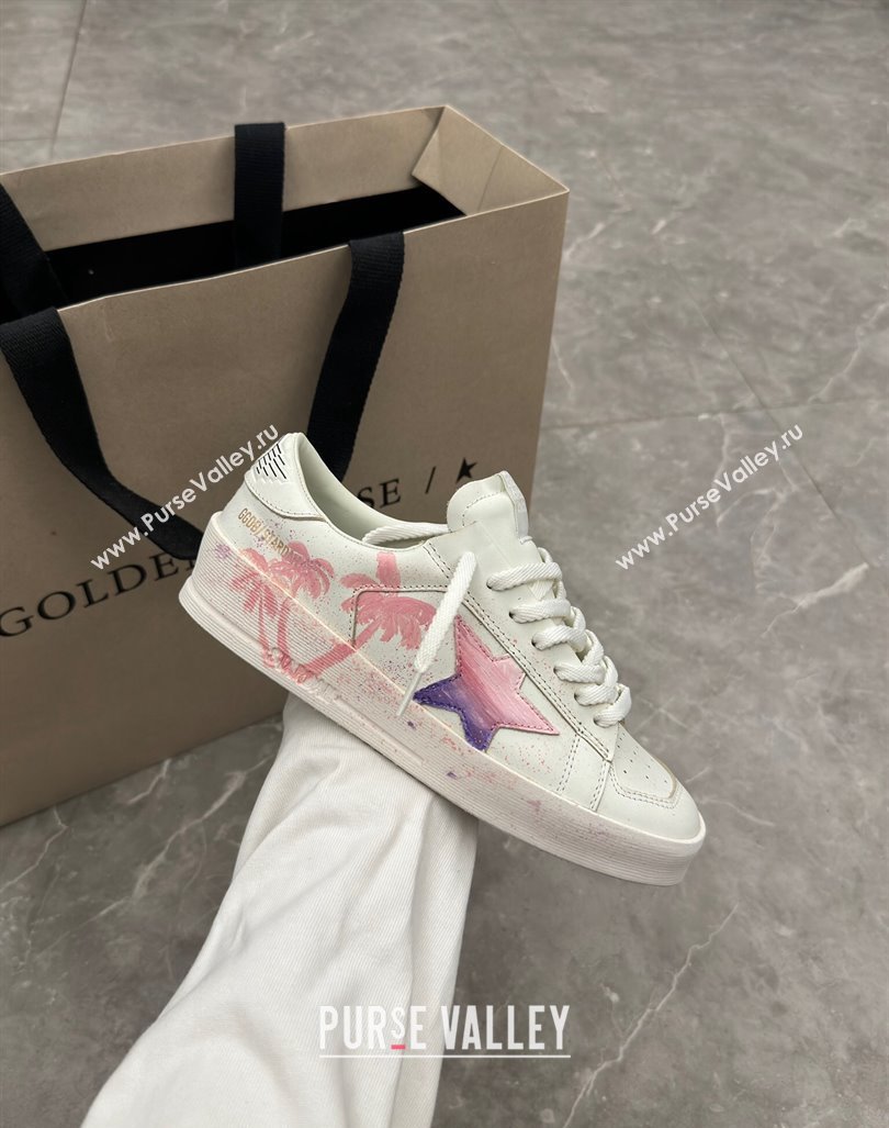 Golden Goose Stardan Sneaker in Pink Coconut Tree Printed White Leather Pink 2024 (13-240905065)