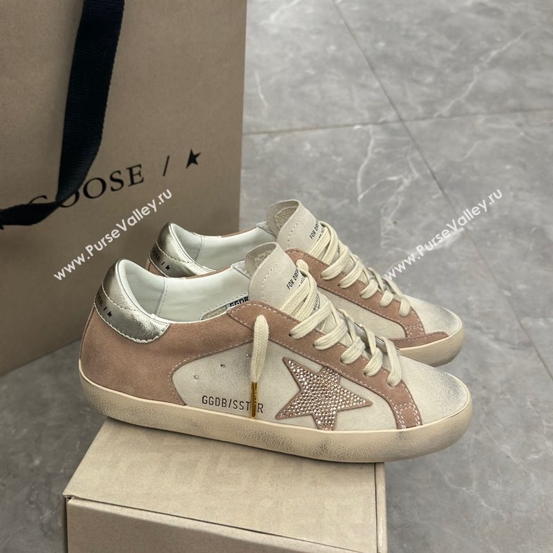 Golden Goose Super-Star Sneakers in Nude and Pale Grey Suede with Strass Star 2024 0905 (13-240905067)