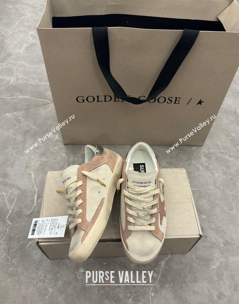 Golden Goose Super-Star Sneakers in Nude and Pale Grey Suede with Strass Star 2024 0905 (13-240905067)