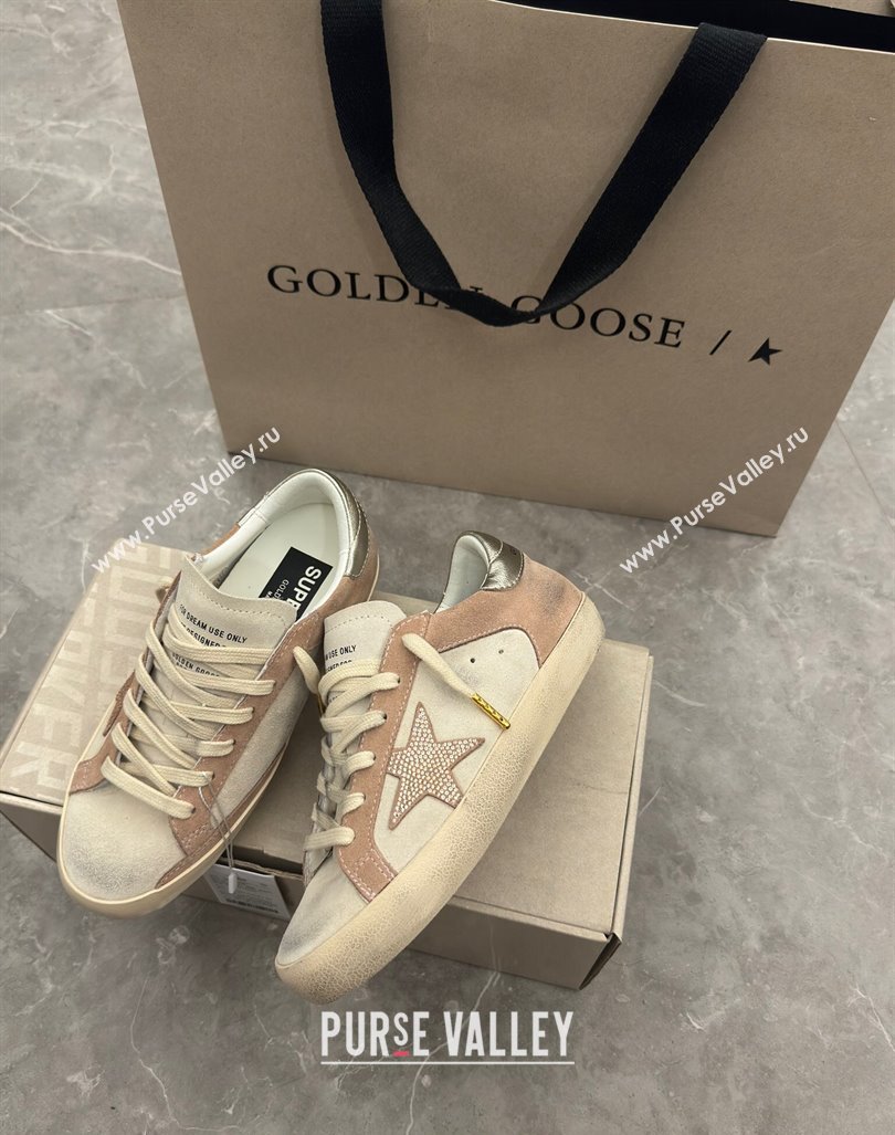 Golden Goose Super-Star Sneakers in Nude and Pale Grey Suede with Strass Star 2024 0905 (13-240905067)