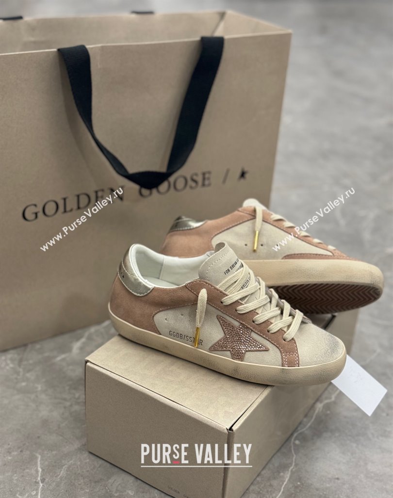 Golden Goose Super-Star Sneakers in Nude and Pale Grey Suede with Strass Star 2024 0905 (13-240905067)