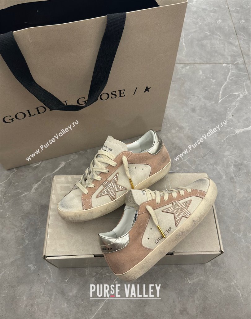 Golden Goose Super-Star Sneakers in Nude and Pale Grey Suede with Strass Star 2024 0905 (13-240905067)