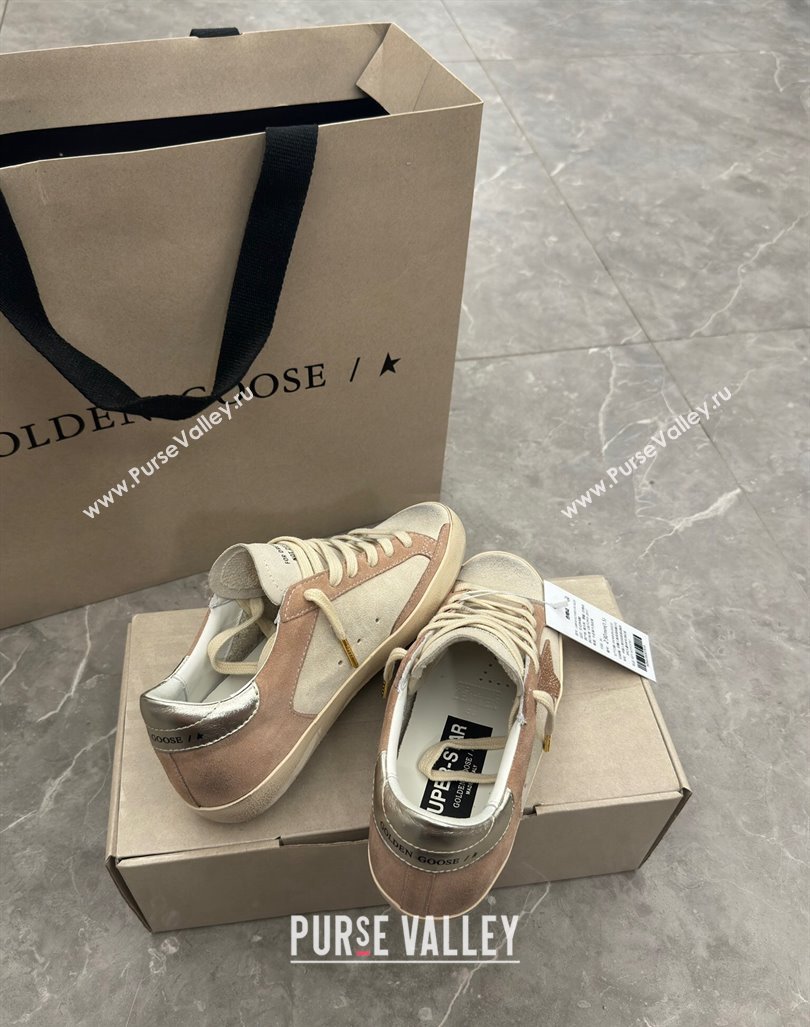 Golden Goose Super-Star Sneakers in Nude and Pale Grey Suede with Strass Star 2024 0905 (13-240905067)