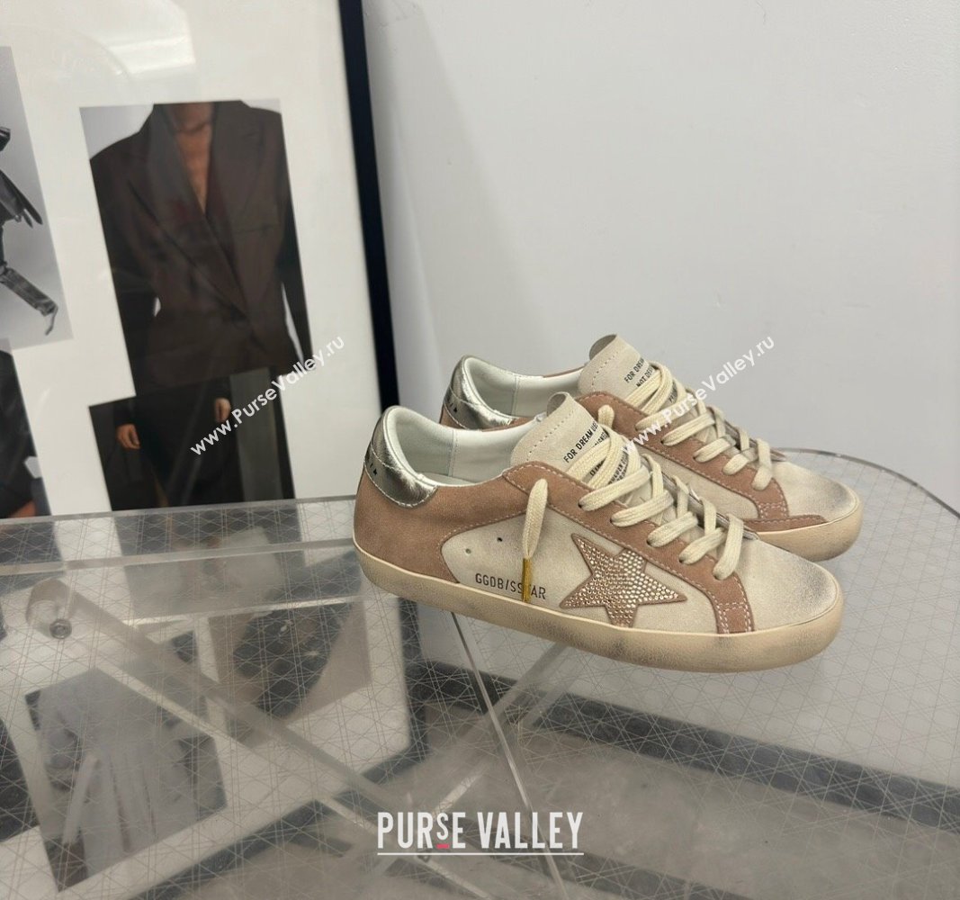 Golden Goose Super-Star Sneakers in Nude and Pale Grey Suede with Strass Star 2024 0905 (13-240905067)