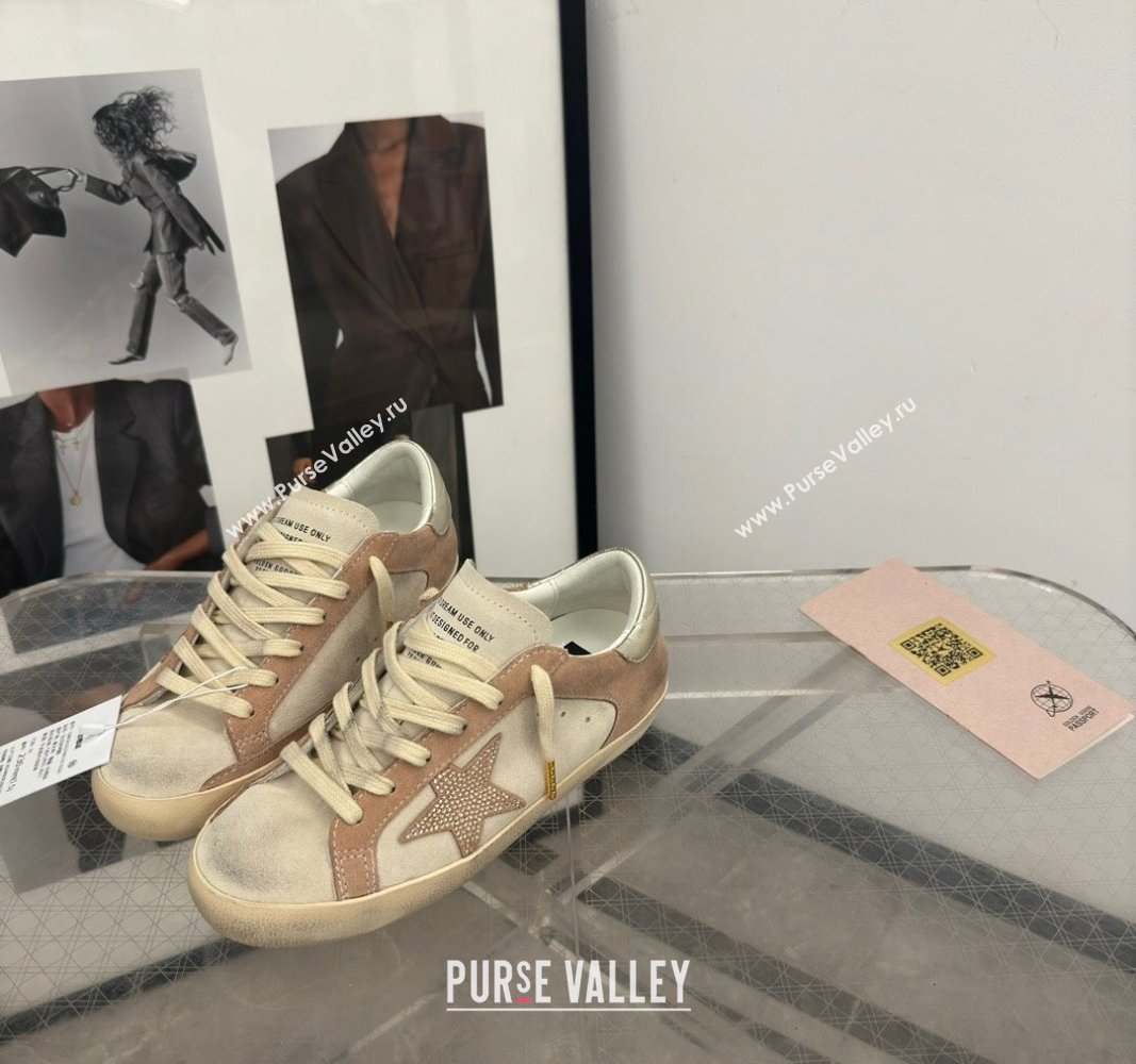 Golden Goose Super-Star Sneakers in Nude and Pale Grey Suede with Strass Star 2024 0905 (13-240905067)