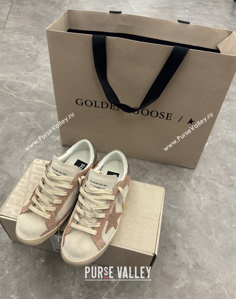 Golden Goose Super-Star Sneakers in Nude and Pale Grey Suede with Strass Star 2024 0905 (13-240905067)