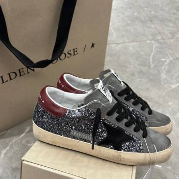 Golden Goose Super-Star Sneakers in silver glitter with black suede star and burgundy tab 2024 0905 (13-240905070)