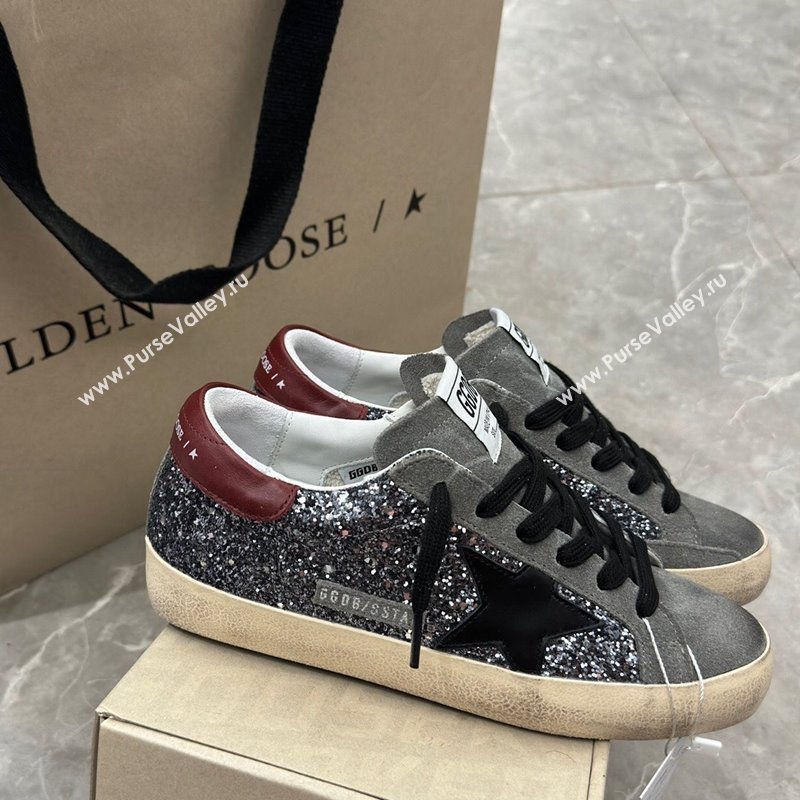 Golden Goose Super-Star Sneakers in silver glitter with black suede star and burgundy tab 2024 0905 (13-240905070)