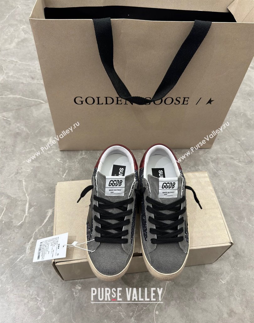 Golden Goose Super-Star Sneakers in silver glitter with black suede star and burgundy tab 2024 0905 (13-240905070)