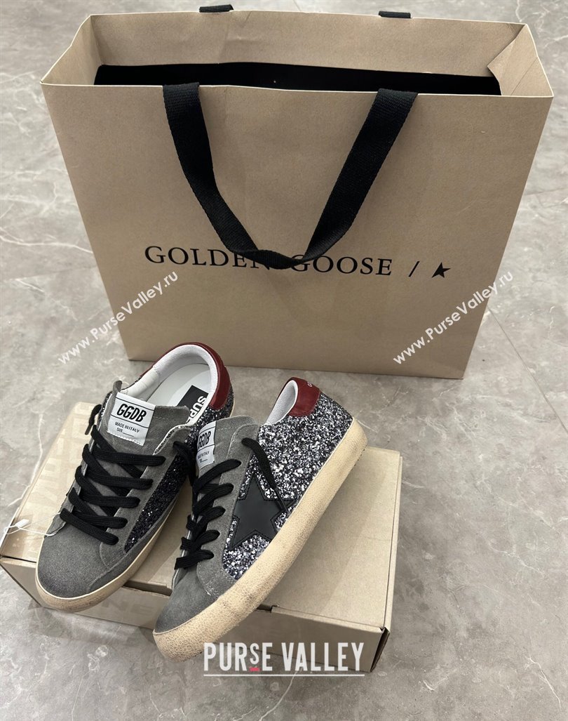 Golden Goose Super-Star Sneakers in silver glitter with black suede star and burgundy tab 2024 0905 (13-240905070)