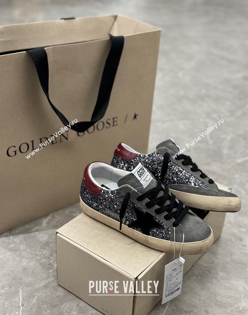 Golden Goose Super-Star Sneakers in silver glitter with black suede star and burgundy tab 2024 0905 (13-240905070)