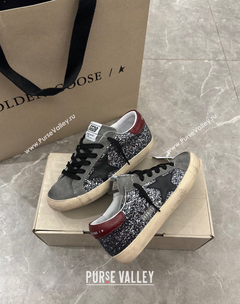 Golden Goose Super-Star Sneakers in silver glitter with black suede star and burgundy tab 2024 0905 (13-240905070)