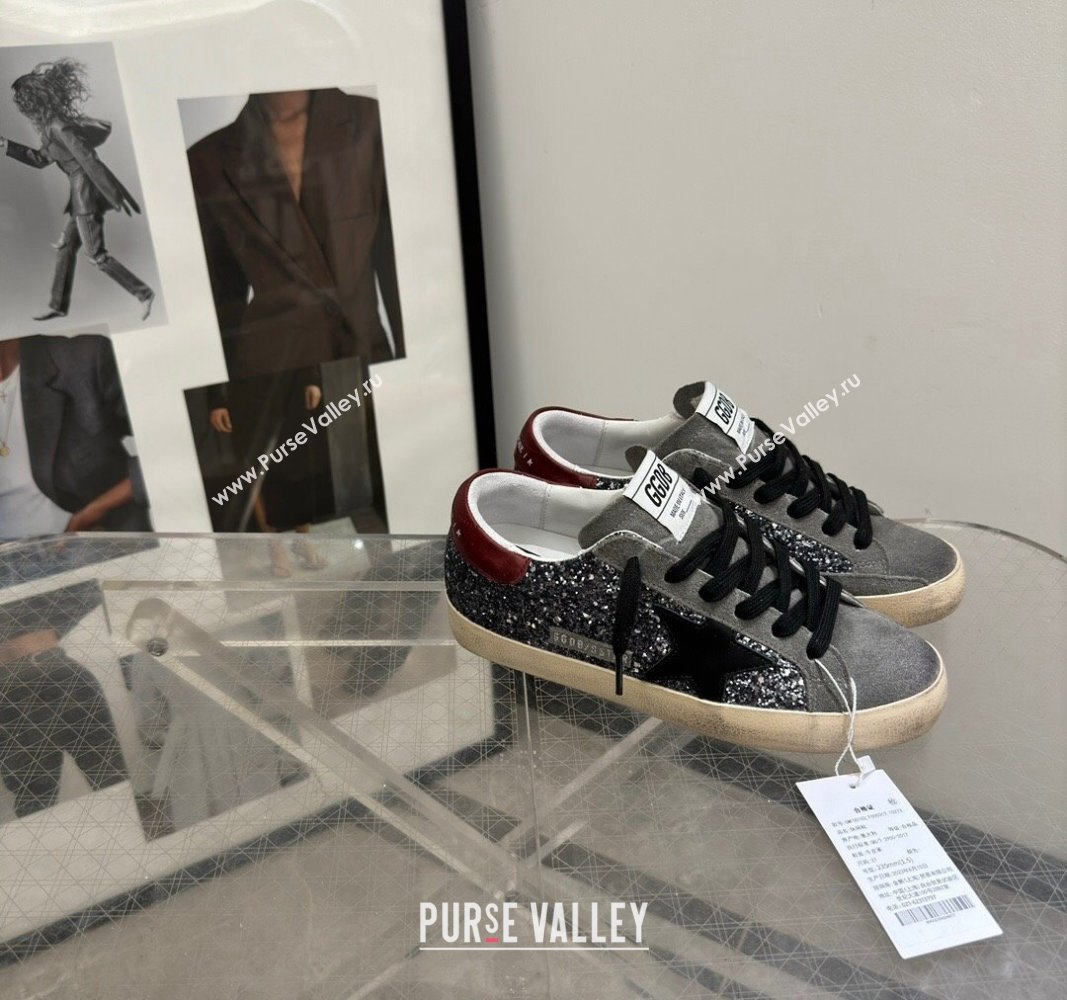 Golden Goose Super-Star Sneakers in silver glitter with black suede star and burgundy tab 2024 0905 (13-240905070)