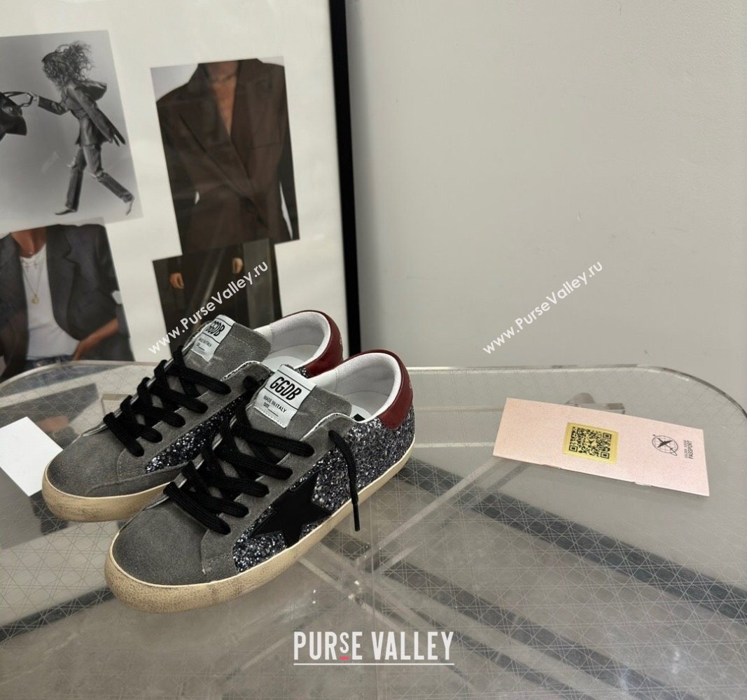 Golden Goose Super-Star Sneakers in silver glitter with black suede star and burgundy tab 2024 0905 (13-240905070)