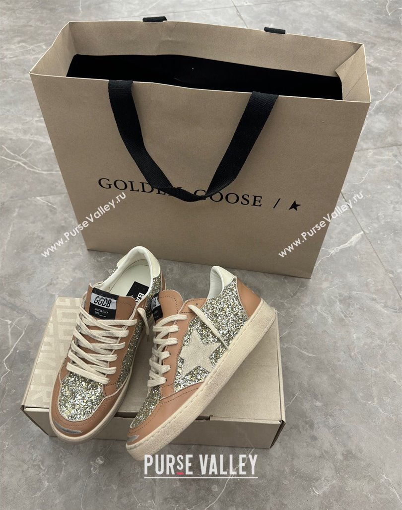 Golden Goose Ball Star Sneakers in glitter and apricot leather with white heel 2024 (13-241009060)