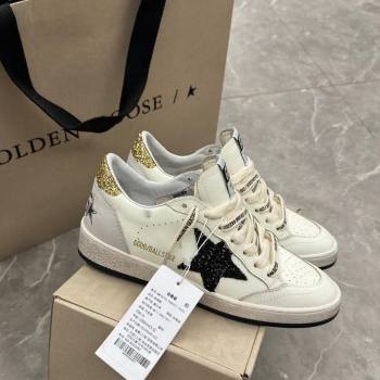 Golden Goose Ball Star Sneakers in white leather with glitter black star and gold heel 2024 (13-241009061)