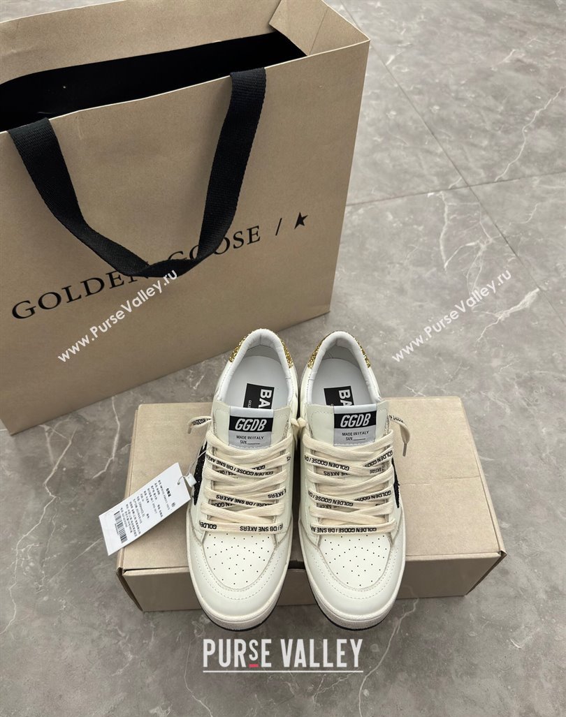 Golden Goose Ball Star Sneakers in white leather with glitter black star and gold heel 2024 (13-241009061)