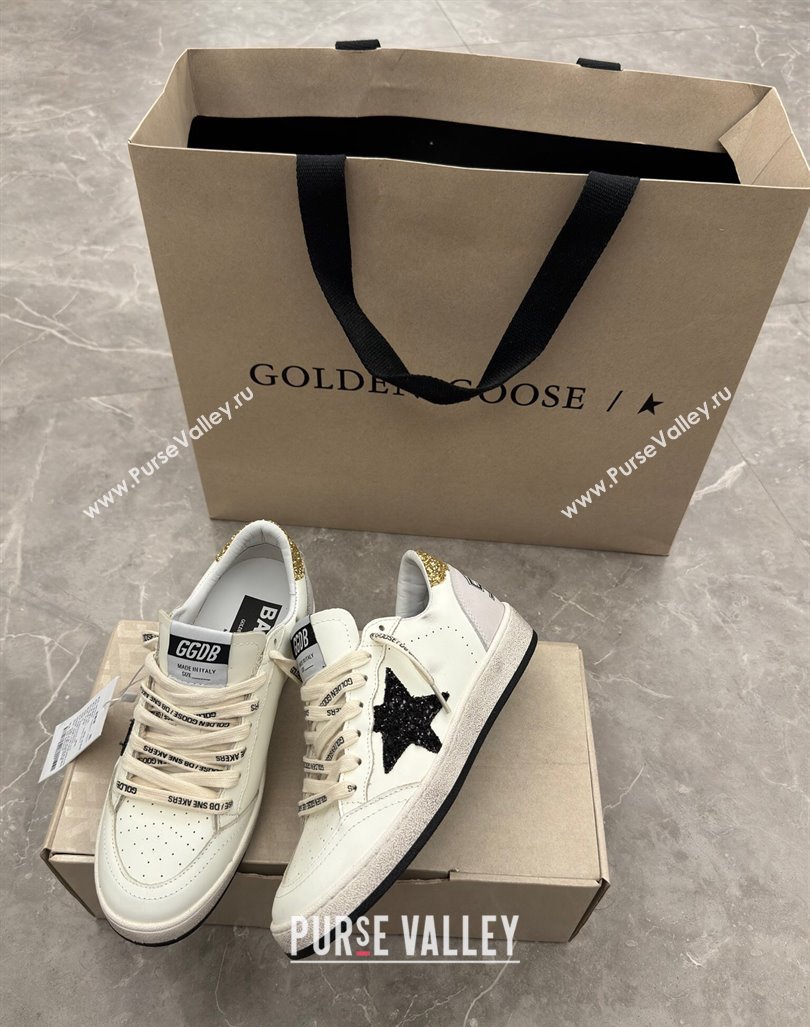 Golden Goose Ball Star Sneakers in white leather with glitter black star and gold heel 2024 (13-241009061)