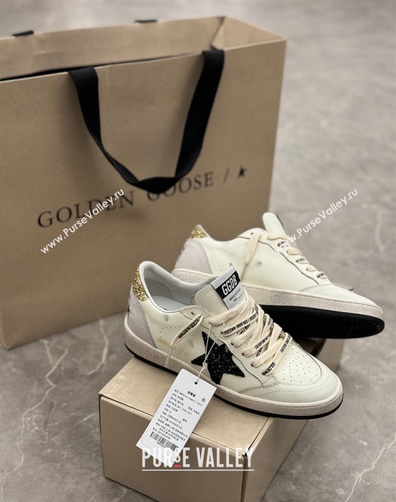 Golden Goose Ball Star Sneakers in white leather with glitter black star and gold heel 2024 (13-241009061)