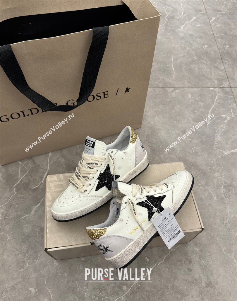 Golden Goose Ball Star Sneakers in white leather with glitter black star and gold heel 2024 (13-241009061)