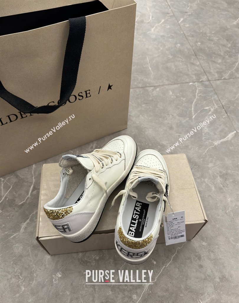 Golden Goose Ball Star Sneakers in white leather with glitter black star and gold heel 2024 (13-241009061)