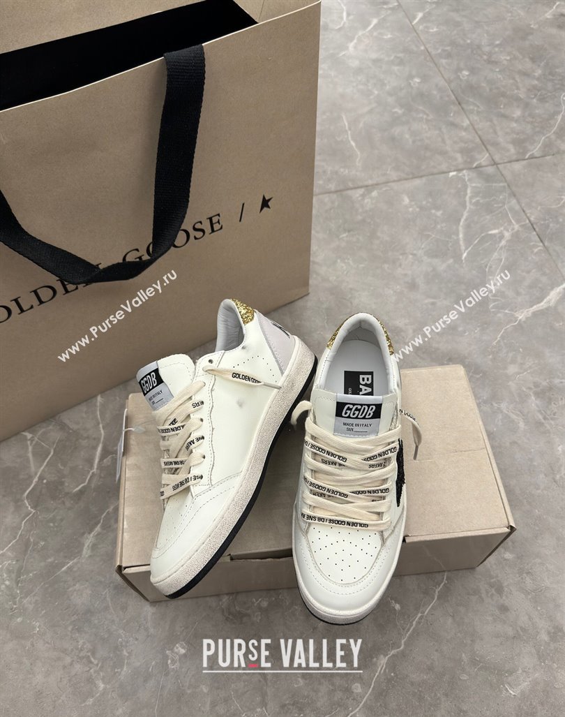 Golden Goose Ball Star Sneakers in white leather with glitter black star and gold heel 2024 (13-241009061)