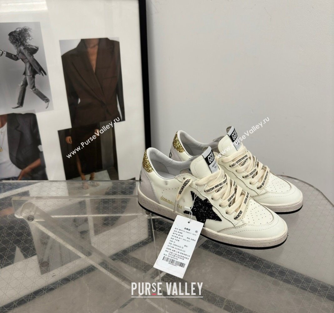 Golden Goose Ball Star Sneakers in white leather with glitter black star and gold heel 2024 (13-241009061)