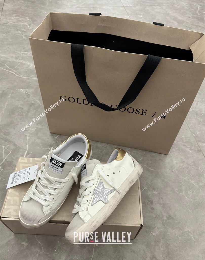 Golden Goose Super-Star Sneakers in White Leather with Strass Star and Gold Heel 2024 (13-241009054)