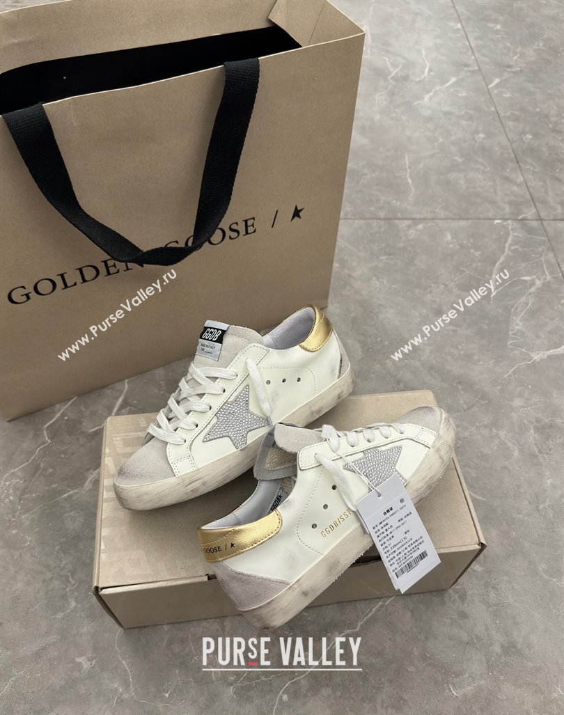 Golden Goose Super-Star Sneakers in White Leather with Strass Star and Gold Heel 2024 (13-241009054)