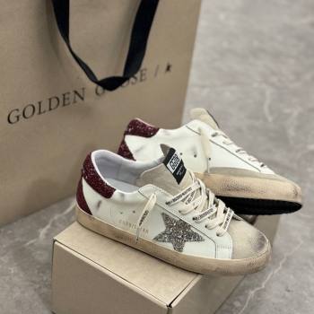 Golden Goose Super-Star Sneakers in white leather with silver glitter star and burgundy heel 2024 (13-241009057)