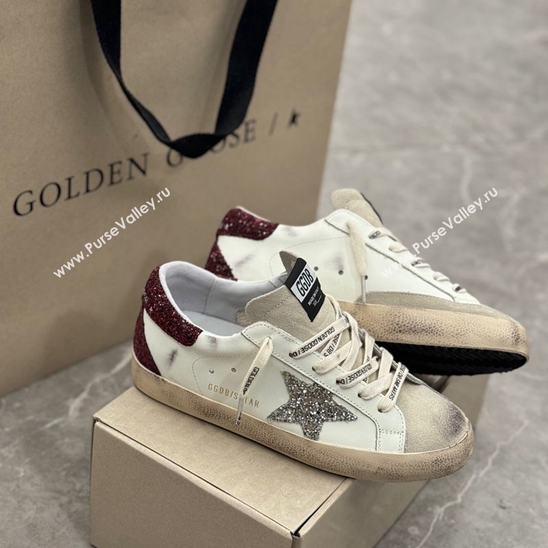 Golden Goose Super-Star Sneakers in white leather with silver glitter star and burgundy heel 2024 (13-241009057)