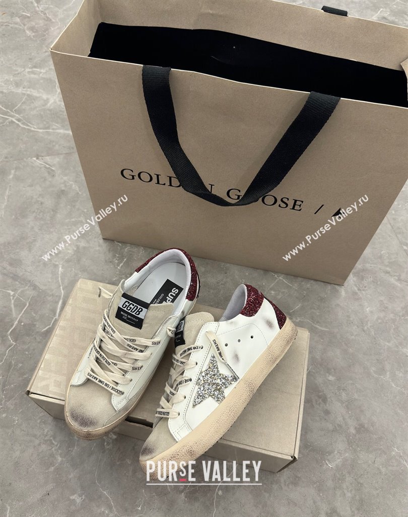 Golden Goose Super-Star Sneakers in white leather with silver glitter star and burgundy heel 2024 (13-241009057)